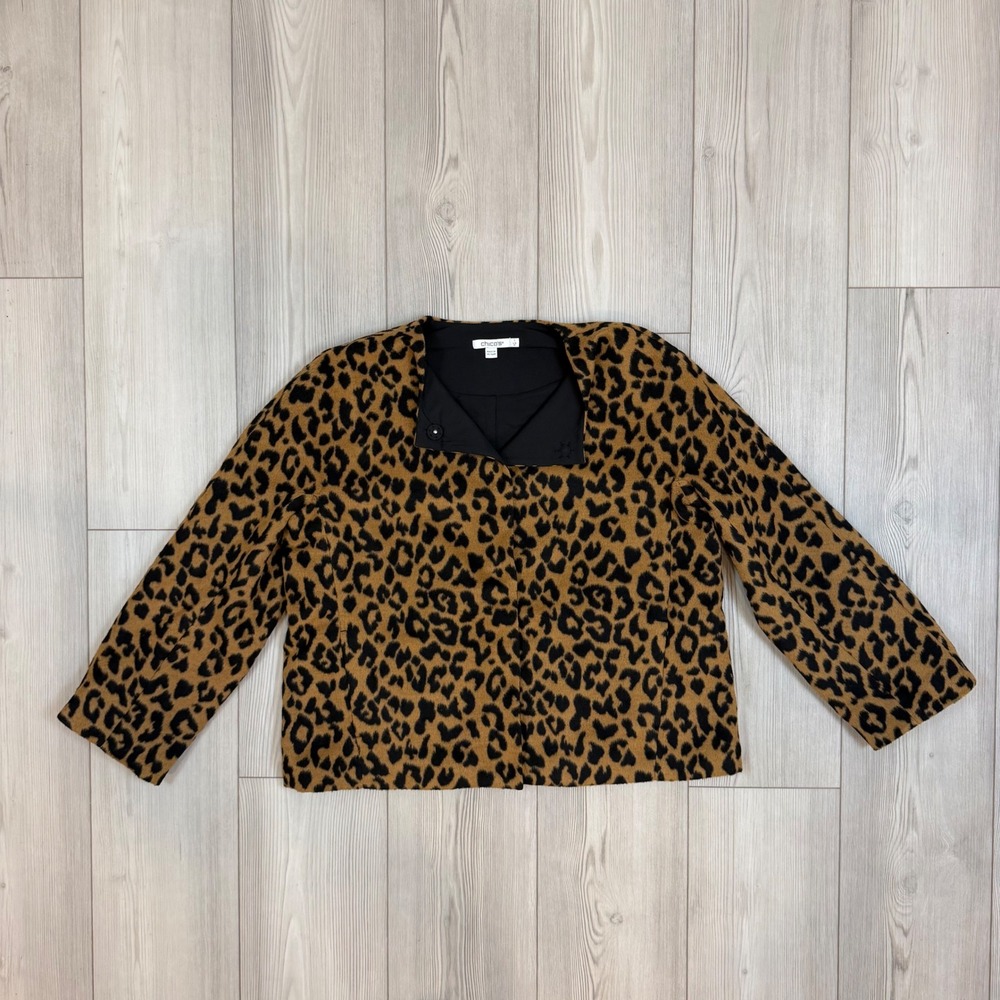 Chicos Leopard Print Wool Blend Snap Front Jacket Brown Black Size 1 M 570397037